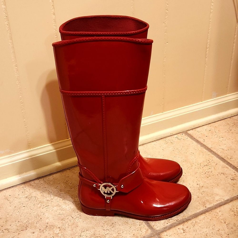 Michael Kors Women's Fulton Harness Red Tall Rubber Riding Boots Size 7